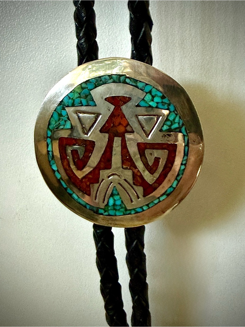 Vintage Navajo Sterling Silver Turquoise & Coral Chip Inlay Thunderbird Bolo Tie